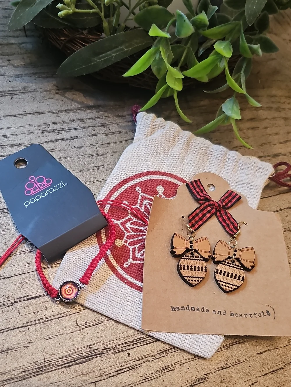 Paparazzi Red Braided Kids Bracelet & Pink Wooden Bow Earrings Set NWT